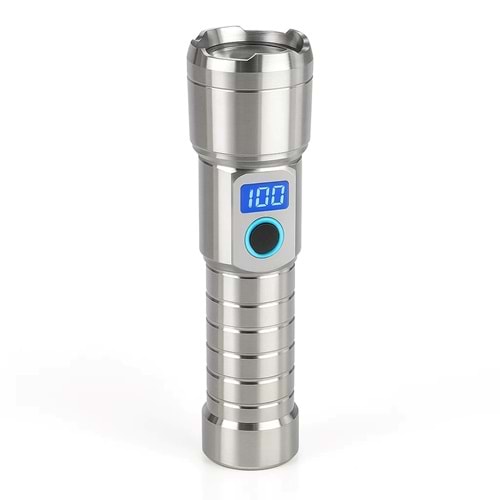 HEPU HP-M06 Uzun Menzilli LED Metal Fener – Powerbank Özellikli, Zoom Odaklı, Dijital Ekranlı, USB Giriş-Çıkışlı
