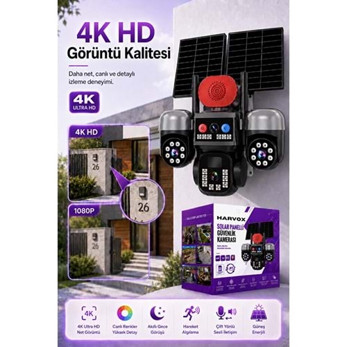 HARVOX 3 Hareketli Güneş Enerjili Solar Güvenlik Kamerası 4G Sim Kart Destekli Gece Görüşlü Güneş Panelli