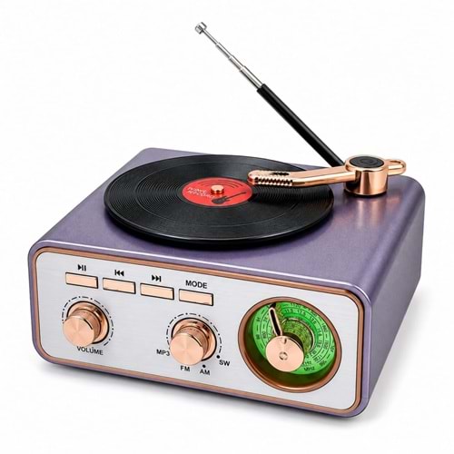 GLR MD-1217BT Nostaljik Plak Çalar Görünümlü Bluetooth Radyo Hoparlör