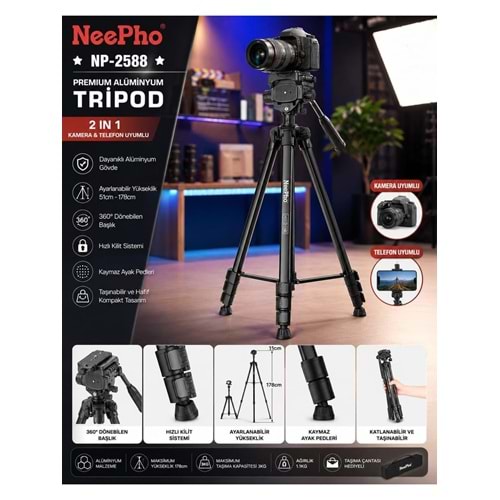 Neepho NP-2588 2'si 1 Arada Kamera ve Telefon Tripodu 360° Döner Başlıklı Profesyonel Çekim Standı