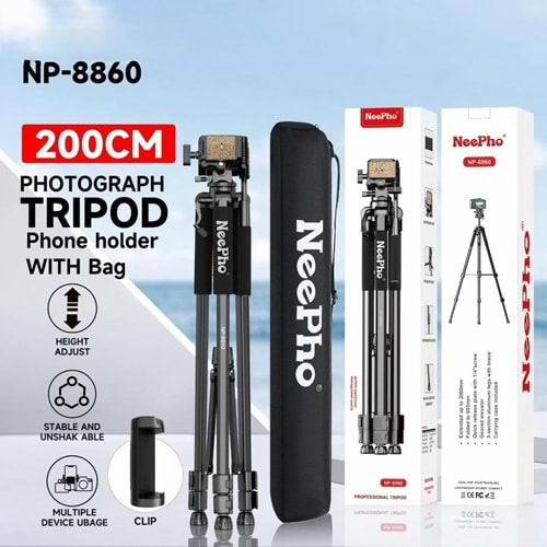NEELPHO NP-8860 | Profesyonel 190CM Tripod | Dslr Kameralar Için Ayarlanabilir Yükseklik, Hafif Taşınabilir, 3 Yönlü Pan Başlık