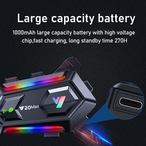 Y20 MAX motosiklet interkom kulaklık kablosuz kask kulaklık ile IPX6 su geçirmez RGB ışık etkisi