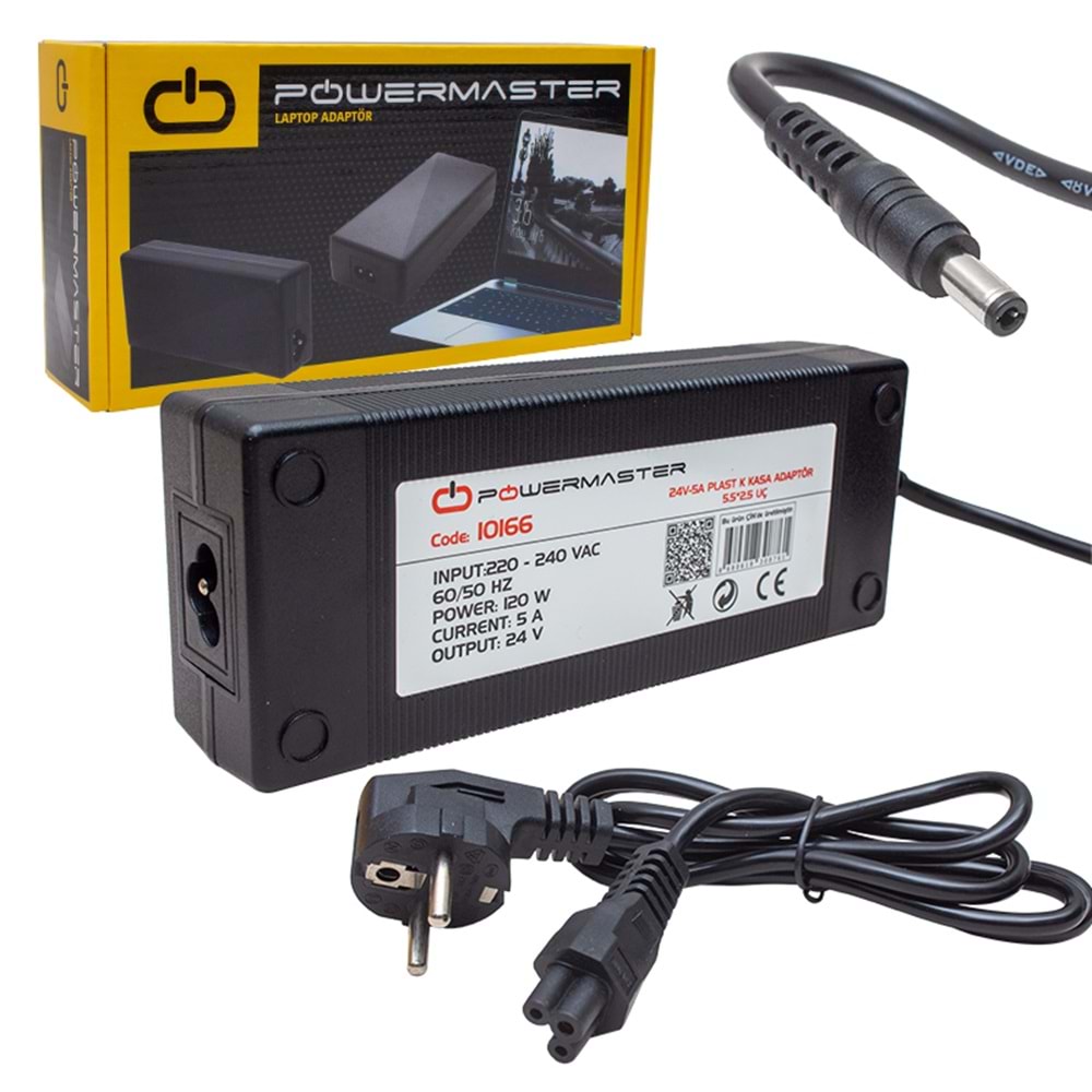 POWERMASTER PM-10166 24 VOLT - 5 AMPER - 120 WATT 5.5*2.5 UÇLU PLASTİK KASA MASAÜSTÜ ADAPTÖR
