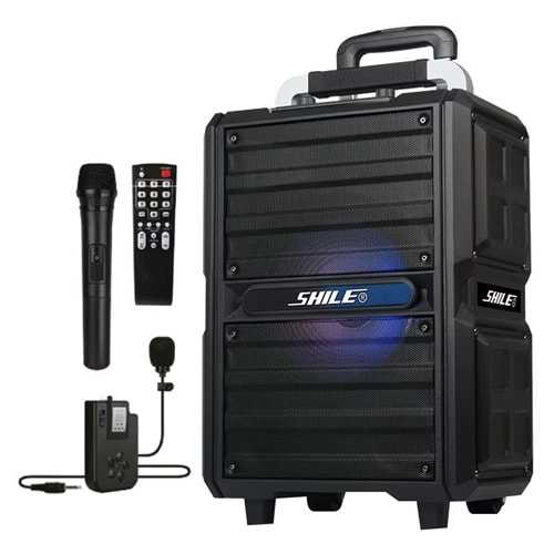 SHİLE SL-2017 50 WATT TAŞINABİLİR SEYYAR AKTİF AMFİ HOPARLÖR KABLOSUZ EL + YAKA MİKROFONLU USB+SD+BT KUMANDALI