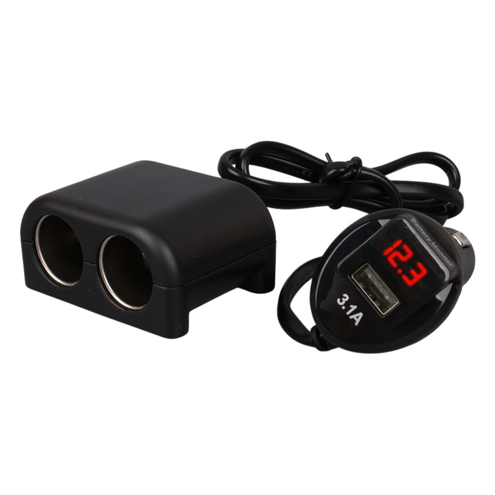OLESSON 1641 12-24V TEK USB GİRİŞLİ 120W 80CM KABLOLU DİJİTAL VOLTAJ EKRANLI 2'Lİ ARAÇ ÇAKMAK ÇOKLAYICI