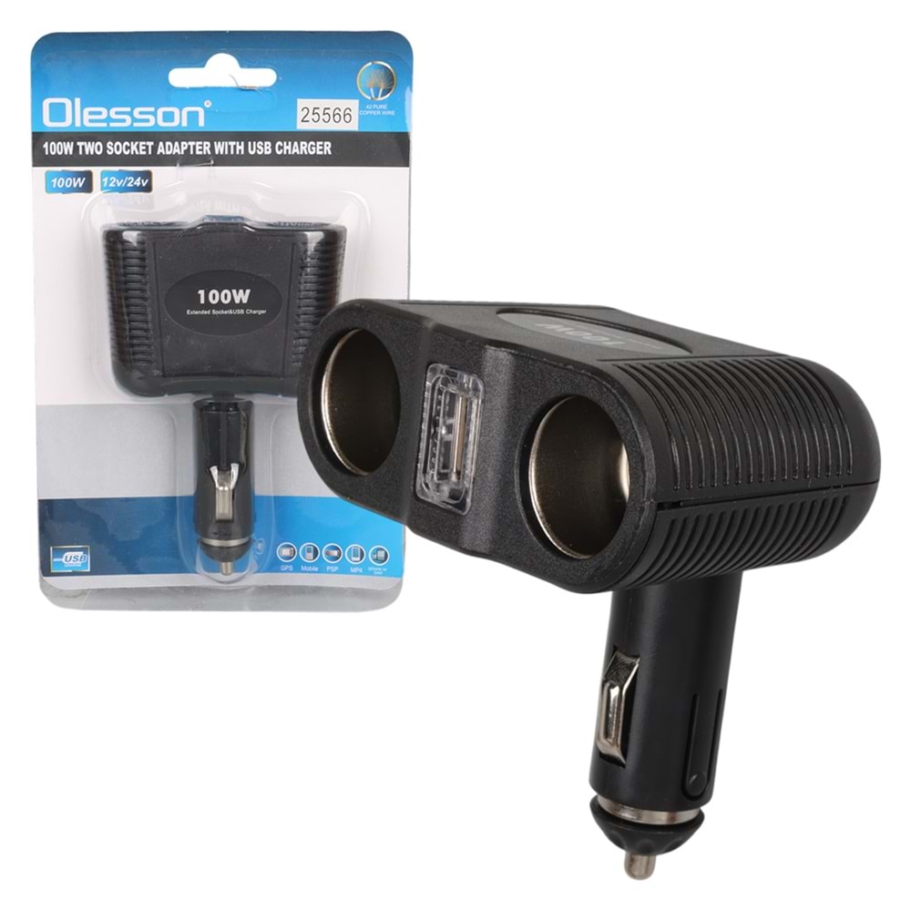 OLESSON 1646 12-24V TEK USB GİRİŞLİ 100W ÇİFTLİ ARAÇ ÇAKMAK ÇOKLAYICI