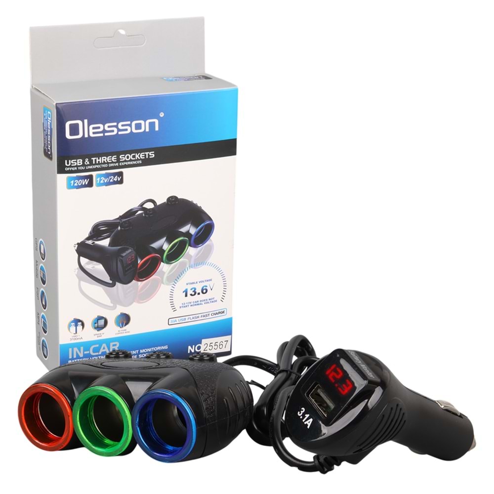 OLESSON 1633 12-24V 3'LÜ USB'Lİ 120W 80CM KABLOLU DİJİTAL EKRANLI ARAÇ ÇAKMAK ÇOKLAYICI