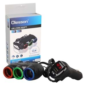 OLESSON 1633 12-24V 3'LÜ USB'Lİ 120W 80CM KABLOLU DİJİTAL EKRANLI ARAÇ ÇAKMAK ÇOKLAYICI