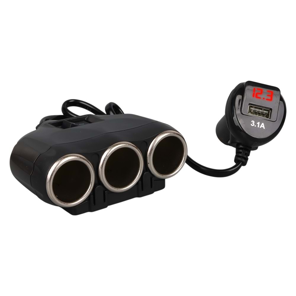OLESSON 1634 12-24V TEK USB GİRİŞLİ 120W 80CM KABLOLU DİJİTAL EKRANLI 3'LÜ ARAÇ ÇAKMAK ÇOKLAYICI