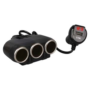 OLESSON 1634 12-24V TEK USB GİRİŞLİ 120W 80CM KABLOLU DİJİTAL EKRANLI 3'LÜ ARAÇ ÇAKMAK ÇOKLAYICI