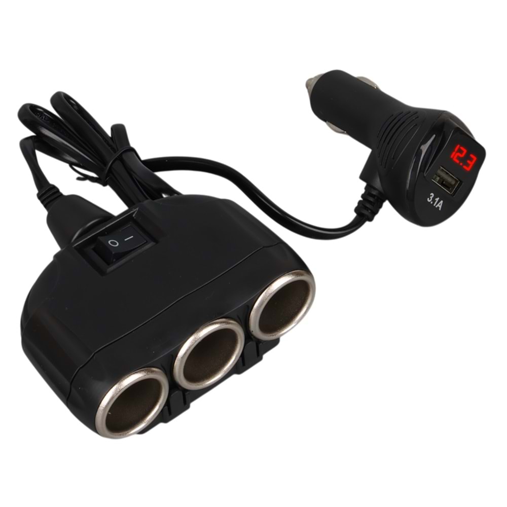 OLESSON 1634 12-24V TEK USB GİRİŞLİ 120W 80CM KABLOLU DİJİTAL EKRANLI 3'LÜ ARAÇ ÇAKMAK ÇOKLAYICI