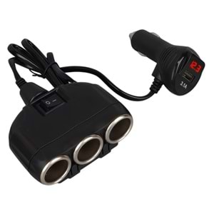 OLESSON 1634 12-24V TEK USB GİRİŞLİ 120W 80CM KABLOLU DİJİTAL EKRANLI 3'LÜ ARAÇ ÇAKMAK ÇOKLAYICI