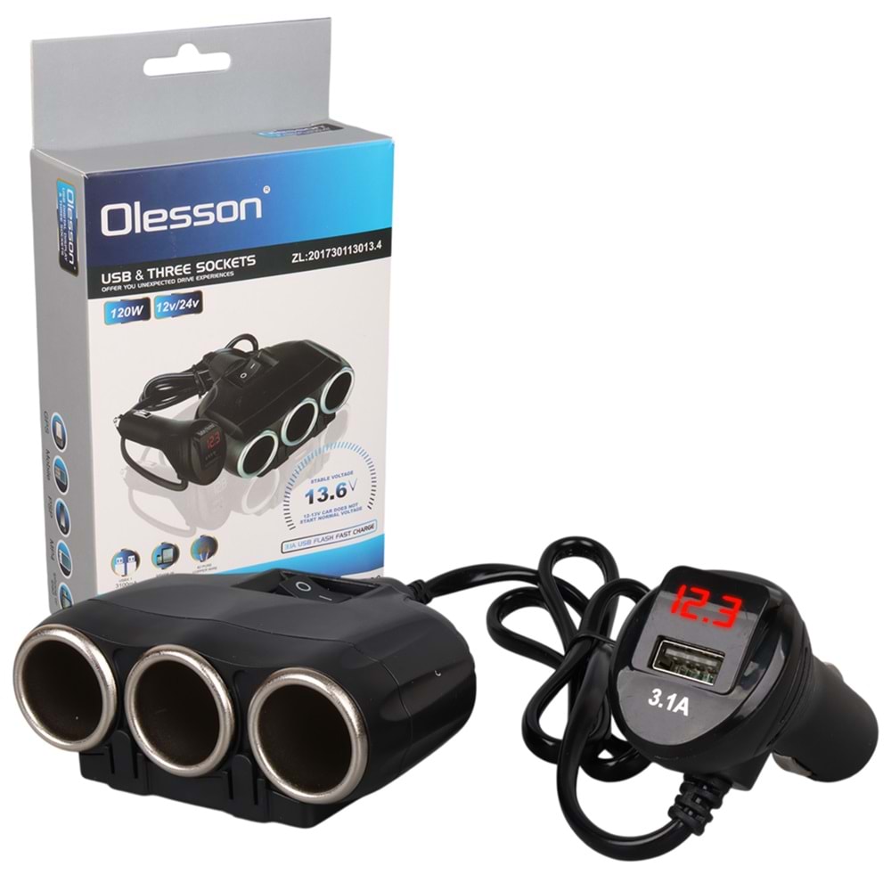 OLESSON 1634 12-24V TEK USB GİRİŞLİ 120W 80CM KABLOLU DİJİTAL EKRANLI 3'LÜ ARAÇ ÇAKMAK ÇOKLAYICI