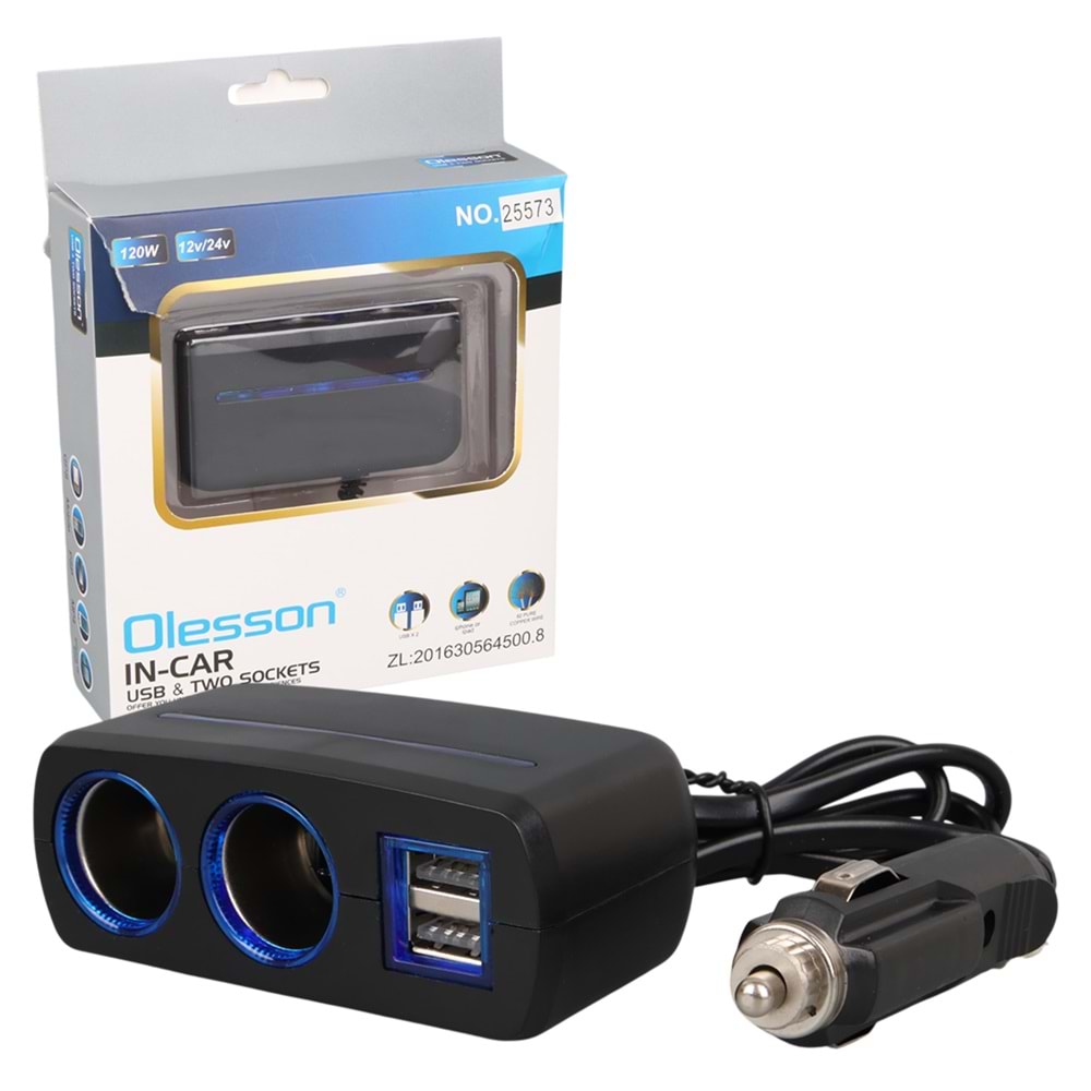 OLESSON 1638 12-24V ÇİFT USB GİRİŞLİ 120W 80 CM KABLOLU 2'Lİ ARAÇ ÇAKMAK ÇOKLAYICI