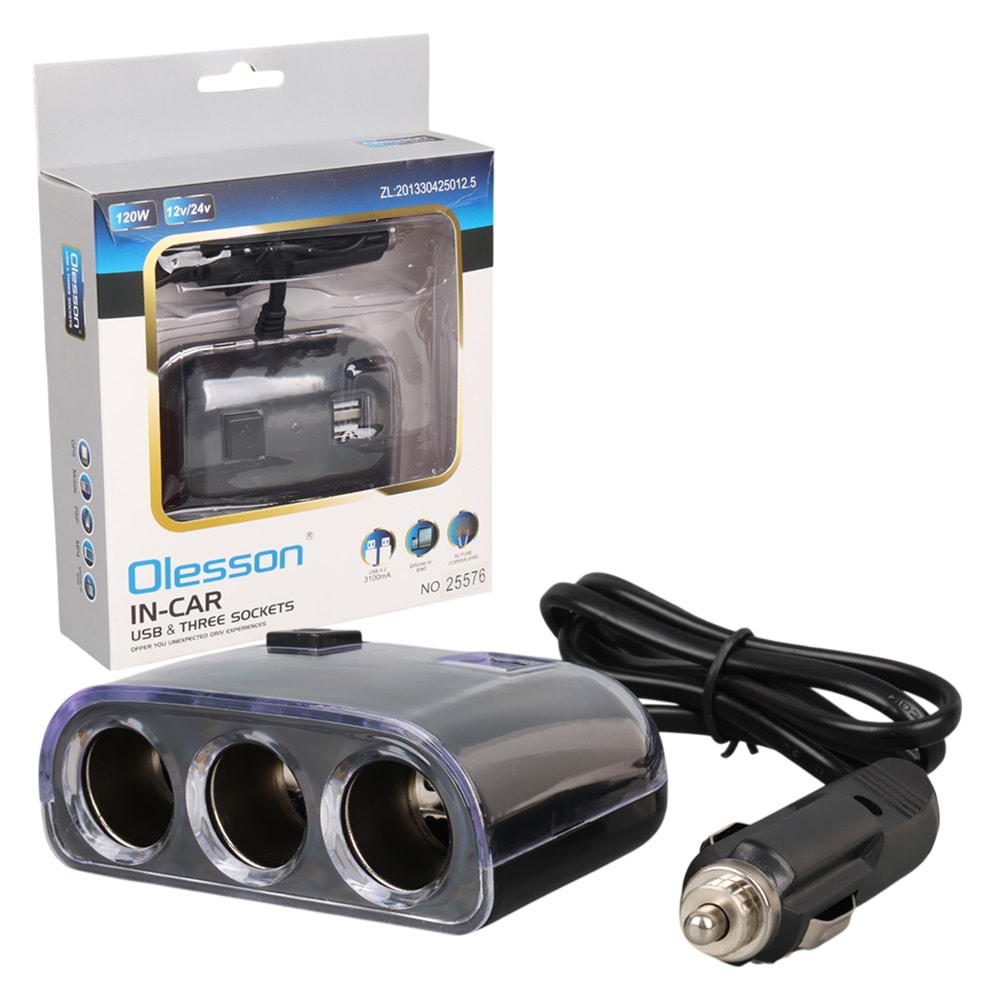OLESSON 1505 12-24V ÇİFT USB GİRİŞLİ 120W 80CM KABLOLU 3'LÜ ARAÇ ÇAKMAK ÇOKLAYICI