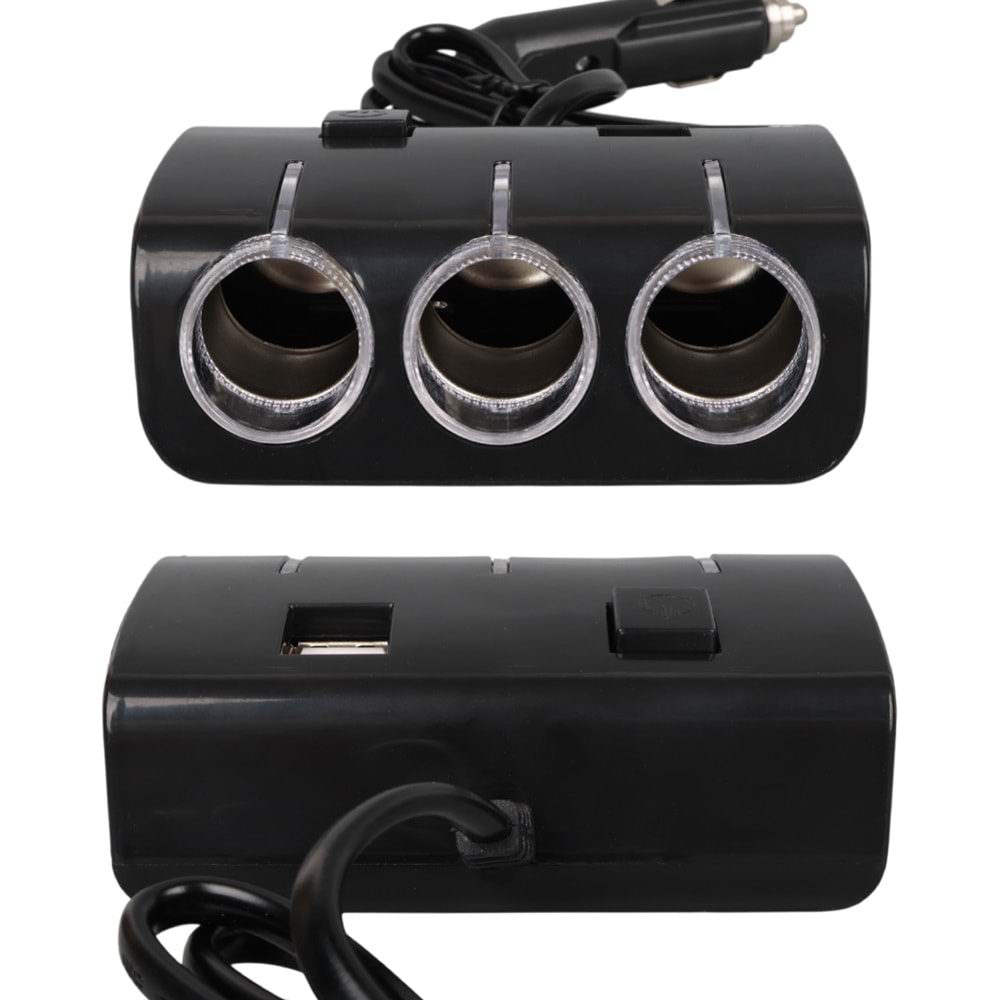 OLESSON 1506 12-24V ÇİFT USB GİRİŞLİ 120W 80 CM KABLOLU 3'LÜ ARAÇ ÇAKMAK ÇOKLAYICI