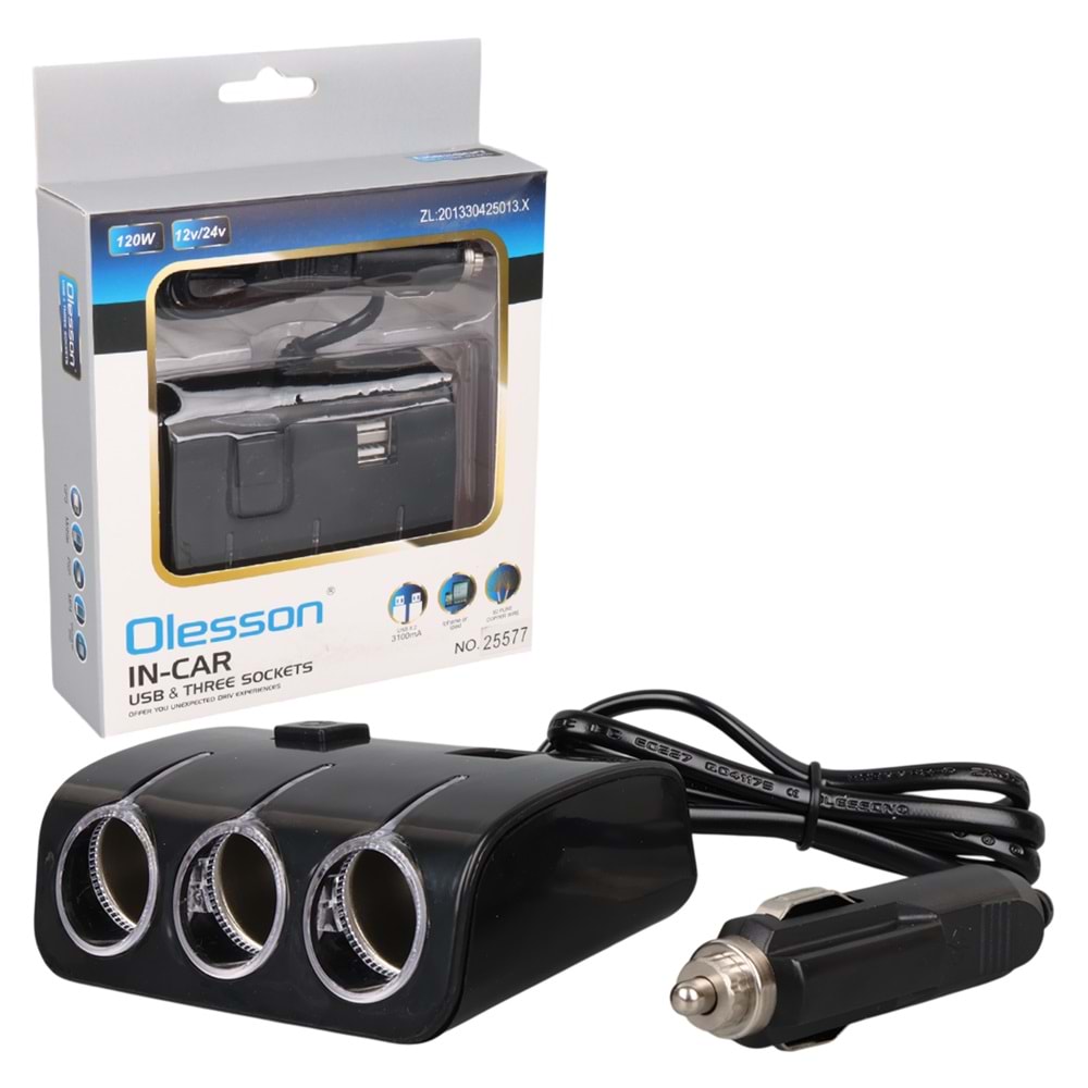 OLESSON 1506 12-24V ÇİFT USB GİRİŞLİ 120W 80 CM KABLOLU 3'LÜ ARAÇ ÇAKMAK ÇOKLAYICI