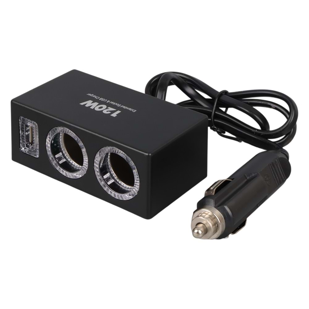 OLESSON 1522 12-24V TEK USB GİRİŞLİ 120W 80CM KABLOLU 2'Lİ ARAÇ ÇAKMAK ÇOKLAYICI