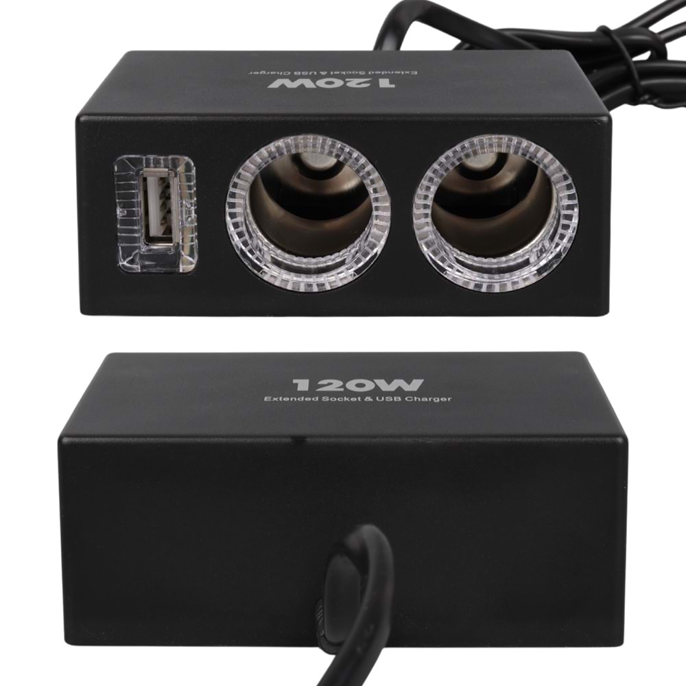 OLESSON 1522 12-24V TEK USB GİRİŞLİ 120W 80CM KABLOLU 2'Lİ ARAÇ ÇAKMAK ÇOKLAYICI