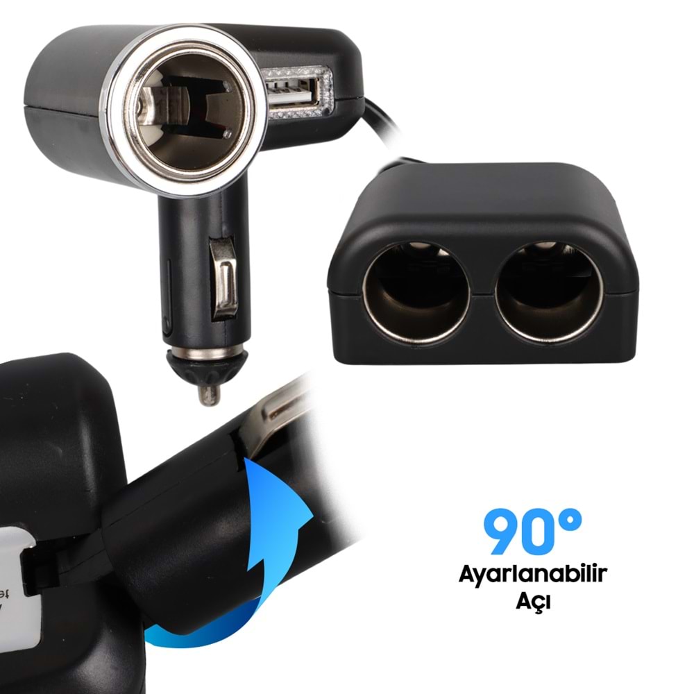 OLESSON 1526 12-24V TEK USB GİRİŞLİ 120W 80 CM KABLOLU 3'LÜ ARAÇ ÇAKMAK ÇOKLAYICI 65X60X35MM