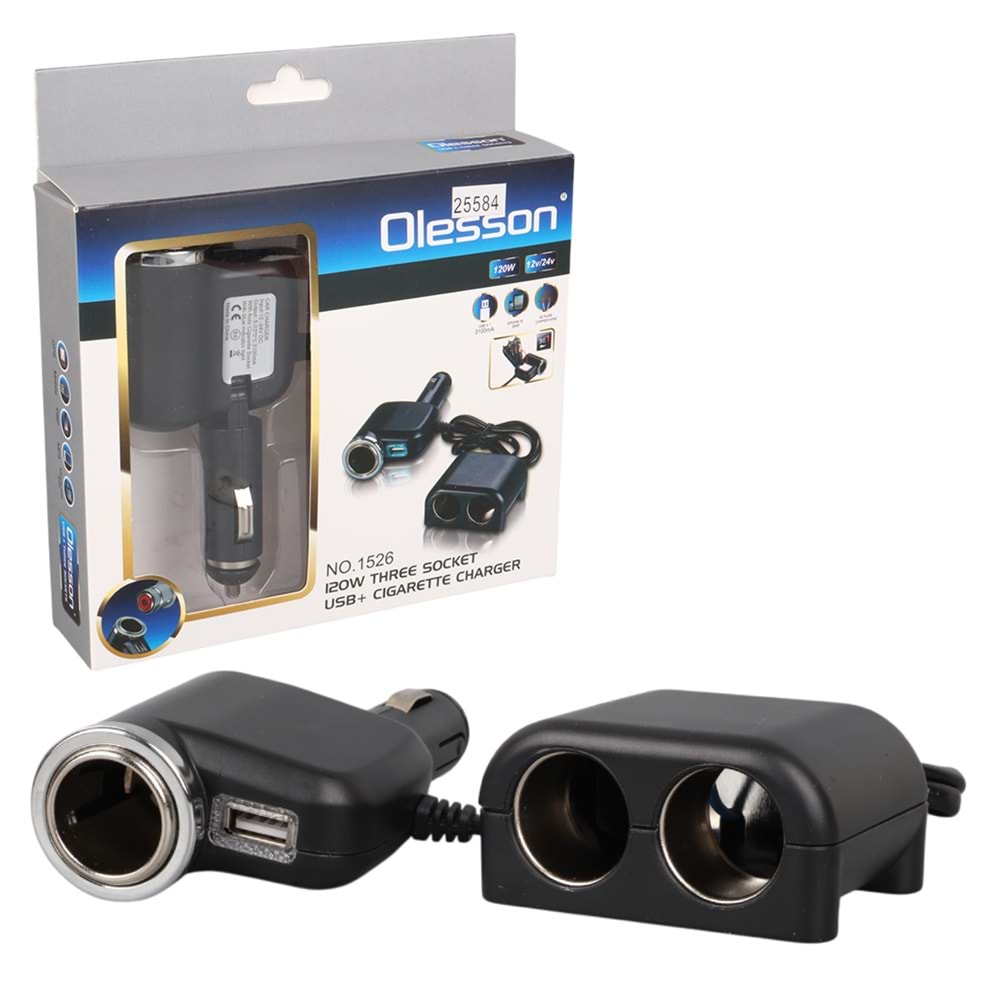 OLESSON 1526 12-24V TEK USB GİRİŞLİ 120W 80 CM KABLOLU 3'LÜ ARAÇ ÇAKMAK ÇOKLAYICI 65X60X35MM