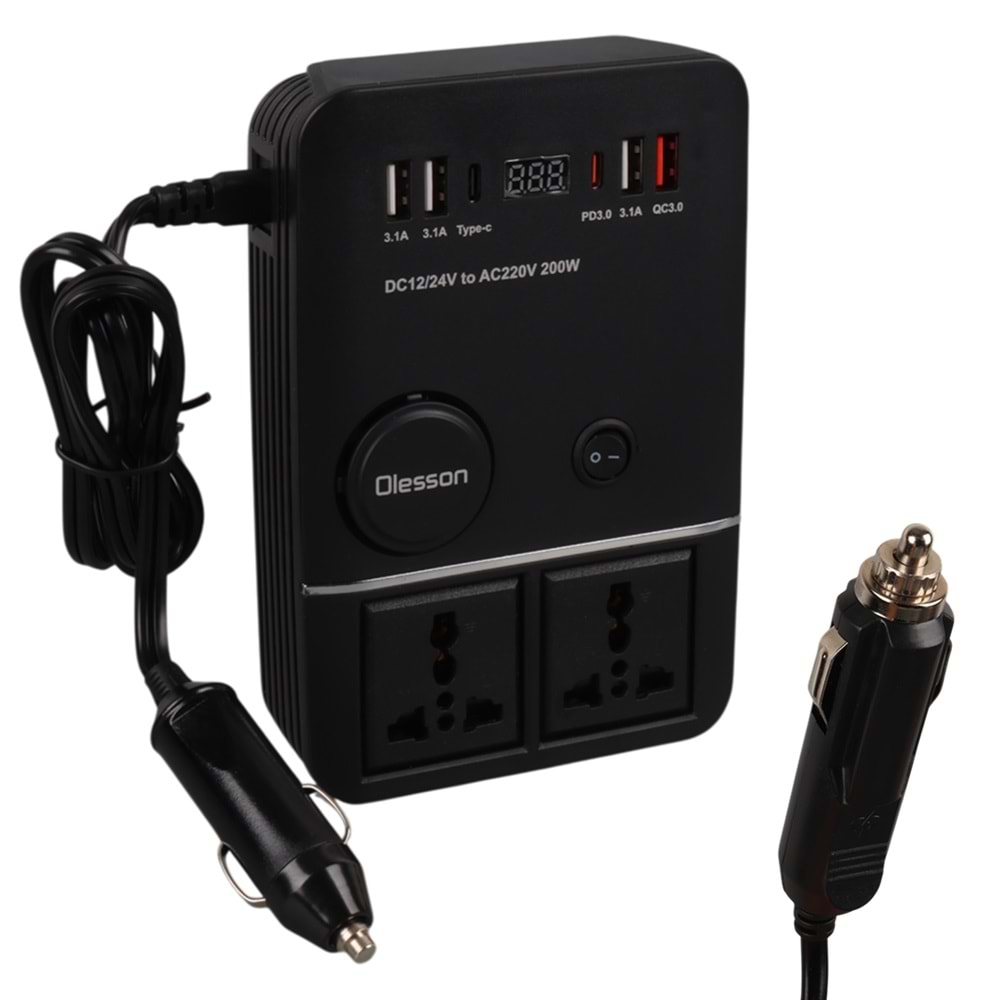 OLESSON 1661 DC 12-24V 200W OTO ARAÇ POWER İNVERTER 2X ÇAKMAK GİRİŞİ - 2X TYPE-C - 4X USB - 2X 220V ÜNİVERSAL PRİZ