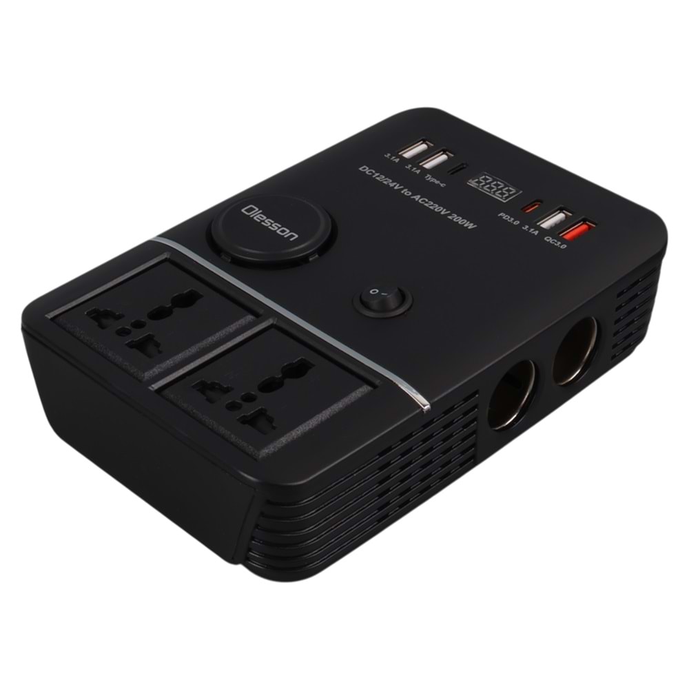 OLESSON 1661 DC 12-24V 200W OTO ARAÇ POWER İNVERTER 2X ÇAKMAK GİRİŞİ - 2X TYPE-C - 4X USB - 2X 220V ÜNİVERSAL PRİZ