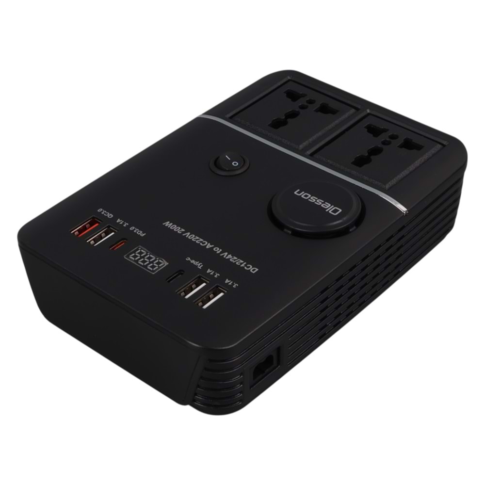 OLESSON 1661 DC 12-24V 200W OTO ARAÇ POWER İNVERTER 2X ÇAKMAK GİRİŞİ - 2X TYPE-C - 4X USB - 2X 220V ÜNİVERSAL PRİZ