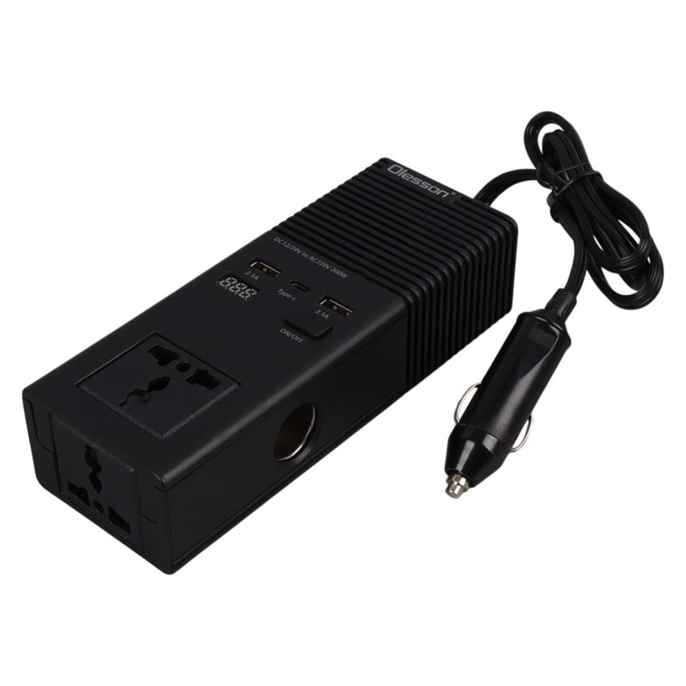 OLESSON 1665 DC 12-24V 200W OTO ARAÇ POWER İNVERTER EK ÇAKMAK GİRİŞİ - TYPE-C - ÇİFT USB - 220V ÜNİVERSAL PRİZ