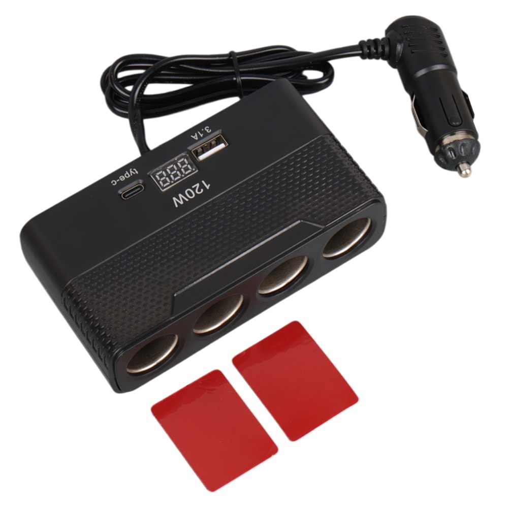 OLESSON 2014 12-24V 4'LÜ TYPE-C + USB'Lİ 120W 80 CM KABLOLU ARAÇ ÇAKMAK ÇOKLAYICI