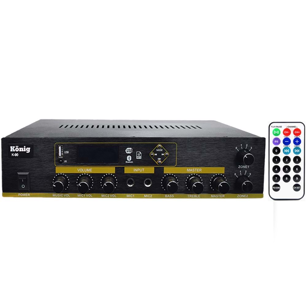 KÖNİG K-90 - 100 WATT USB/BLUETOOTH/2 BÖLGELİ 2 MİK GİRİŞ TRAFOLU ANFİ