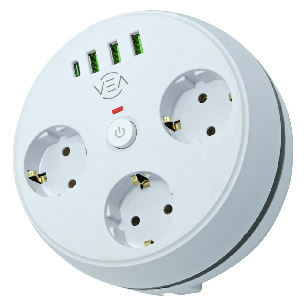 VEA VE-26583 3'LÜ 1.5 METRE KABLOLU 3 USB + TYPE-C GİRİŞLİ AKIM KORUMALI GRUP PRİZ