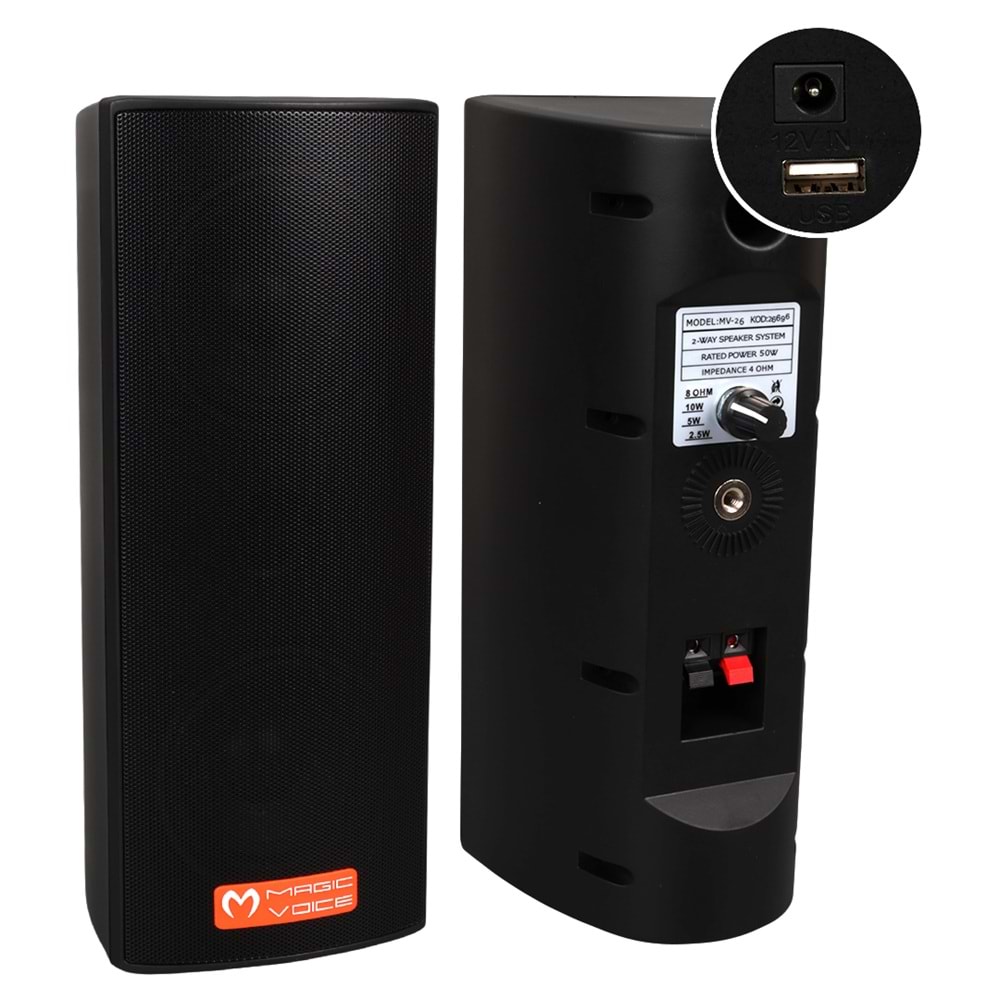 MAGICVOICE MV-26 7.5 CM 50 WATT KOMÜTATÖRLÜ SİYAH HAT TRAFOLU SÜTUN HOPARLÖR (2'Lİ TAKIM)