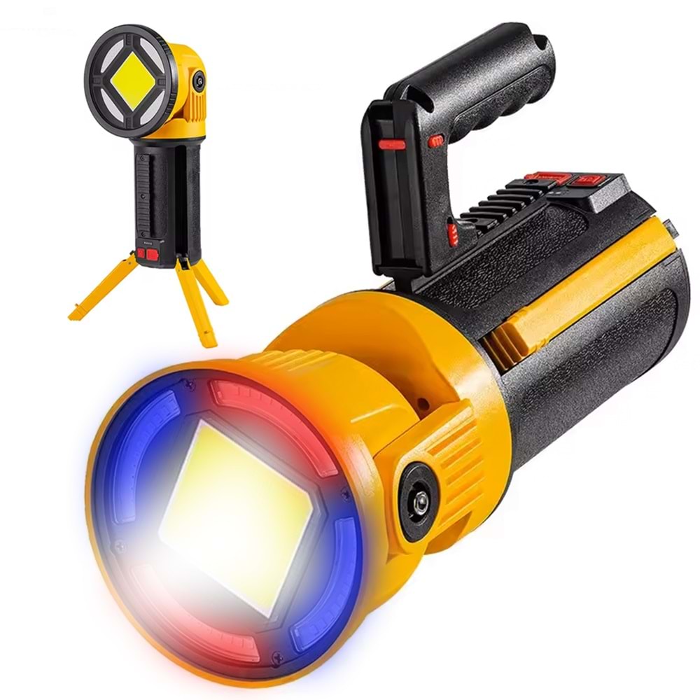 POWERMASTER MX-W5164-3 KIRMIZI MAVİ ÇAKARLI COB LEDLİ ŞARJLI KAMP EL FENERİ IŞILDAK