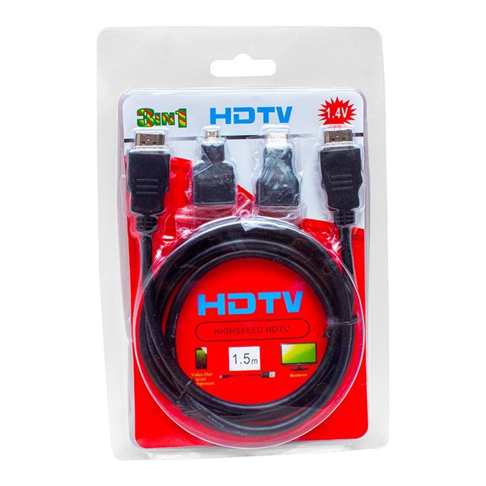 POWERMASTER HDMI KABLO 1.5 METRE 3LÜ SET (MICRO HDMI HDMI*MİNİ HDMI HDMI)