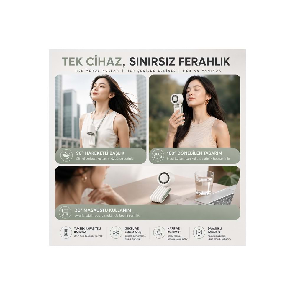Y29Taşınabilir Turbo Fan 199 Kademe Dijital Ekranlı Şarjlı El Fanı Boyun Askılı Masaüstü Mini Vantilatör