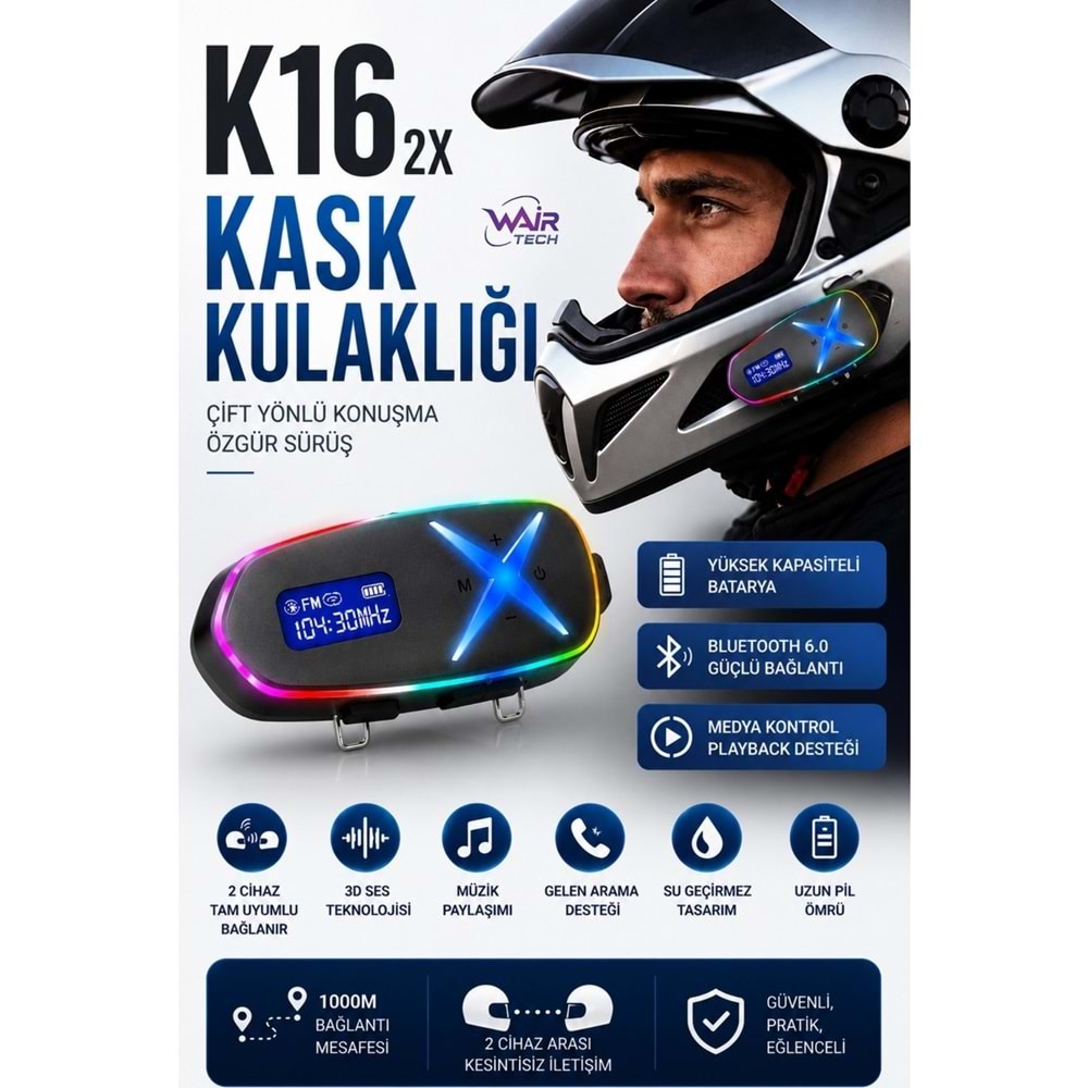 K162X Motosiklet Kask Kulaklığı Bluetooth Intercom Telsiz Sistemi Fm Radyo Type-C Şarjlı