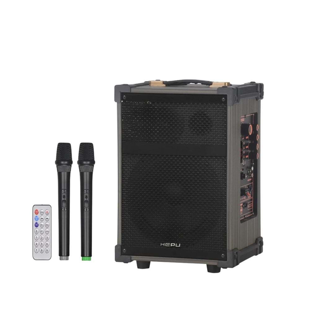 HEPU HP-976 Partybox Bluetooth Hoparlör – 8” Woofer, 40W Güç, 2 Kablosuz Mikrofon + Kumanda, TWS Destekli