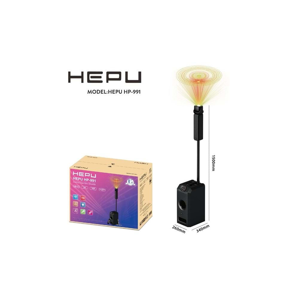 HEPU HP-991 Profesyonel Taşınabilir Ses Sistemi – 8” Subwoofer, 236W Güç, RGB Işık Efektli