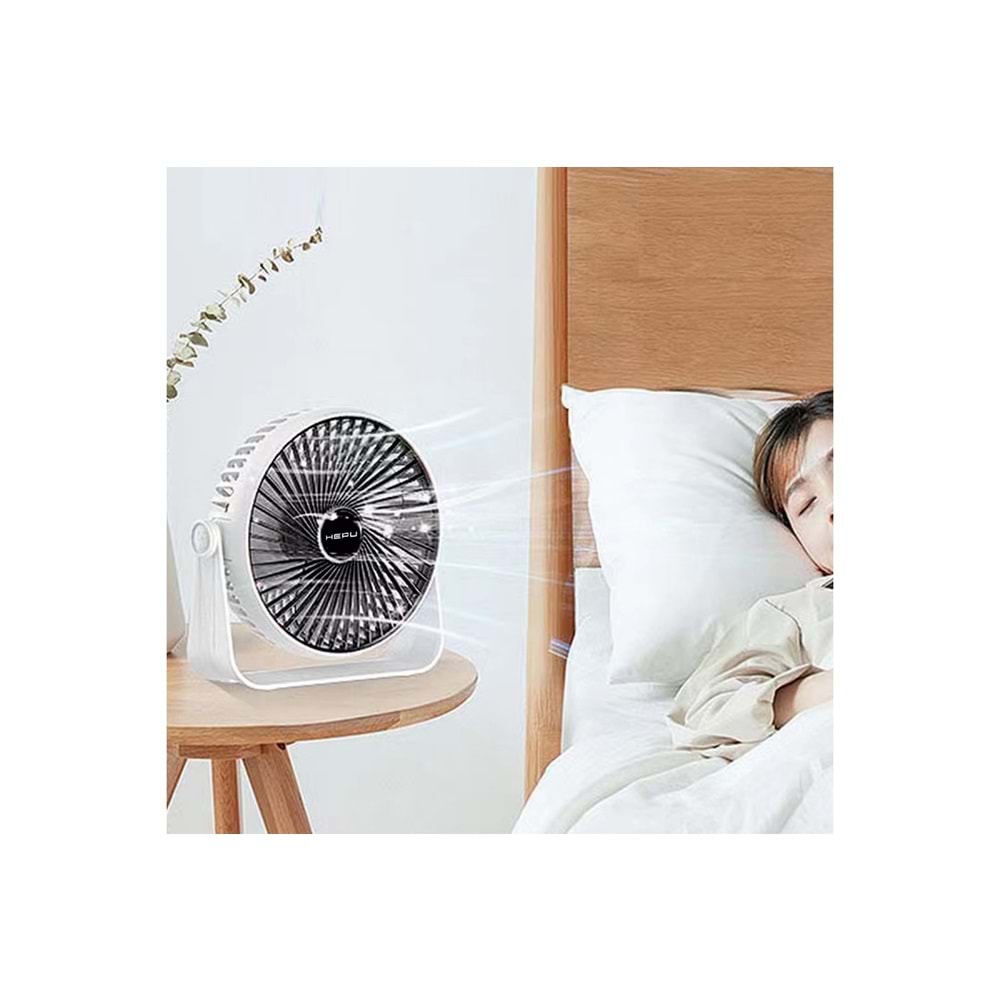 HEPU HP-F02 USB Şarjlı Sessiz Masaüstü Mini Fan – 360° Dönebilen Gövde, 3 Kademeli