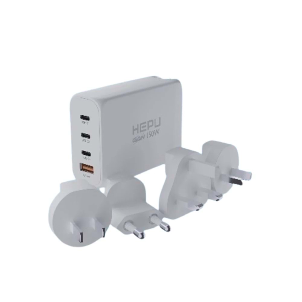 HEPU HP305 150W GaN Seyahat Adaptörü – 4 Farklı Ülke Uyumlu Başlık
