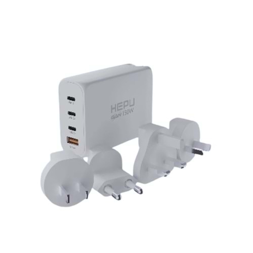 HEPU HP305 150W GaN Seyahat Adaptörü – 4 Farklı Ülke Uyumlu Başlık