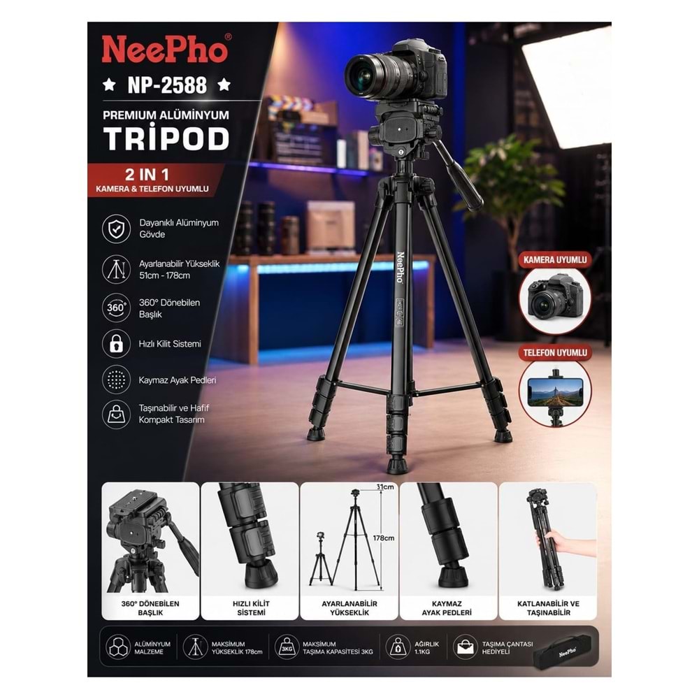 Neepho NP-2588 2'si 1 Arada Kamera ve Telefon Tripodu 360° Döner Başlıklı Profesyonel Çekim Standı