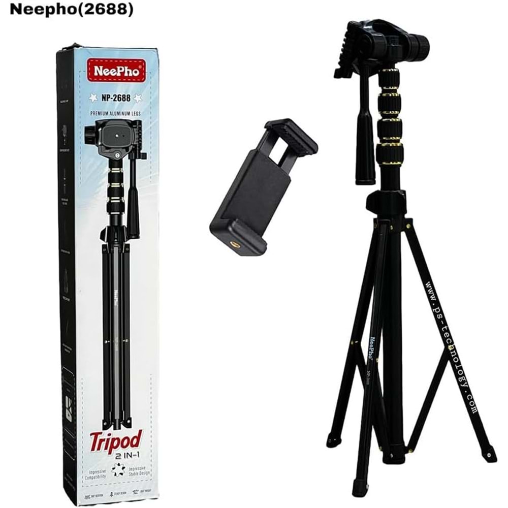 Profesyonel Tripod NP-2688, 2m'ye kadar yükseklik, güçlendirilmiş alüminyum