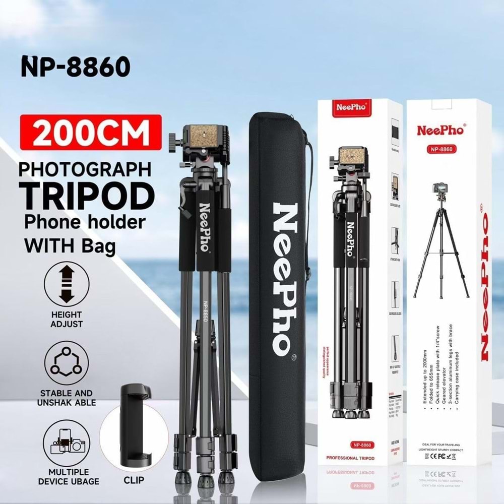 NEELPHO NP-8860 | Profesyonel 190CM Tripod | Dslr Kameralar Için Ayarlanabilir Yükseklik, Hafif Taşınabilir, 3 Yönlü Pan Başlık