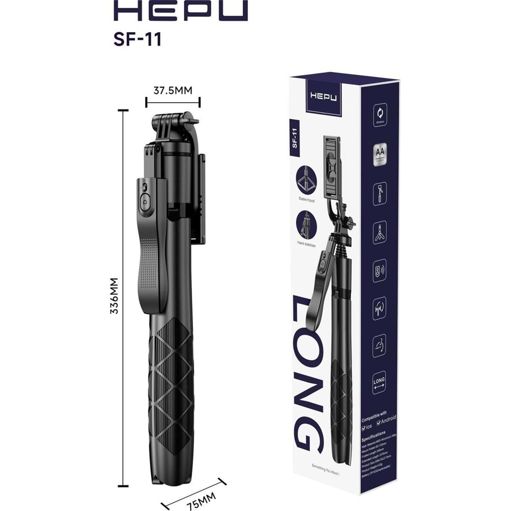 HEPU SF-11 Bluetooth Kumandalı Uzatılabilir Selfie Stick Tripod – Kablosuz Çekim Destekli, Katlanabilir ve Taşınabilir Tasarım